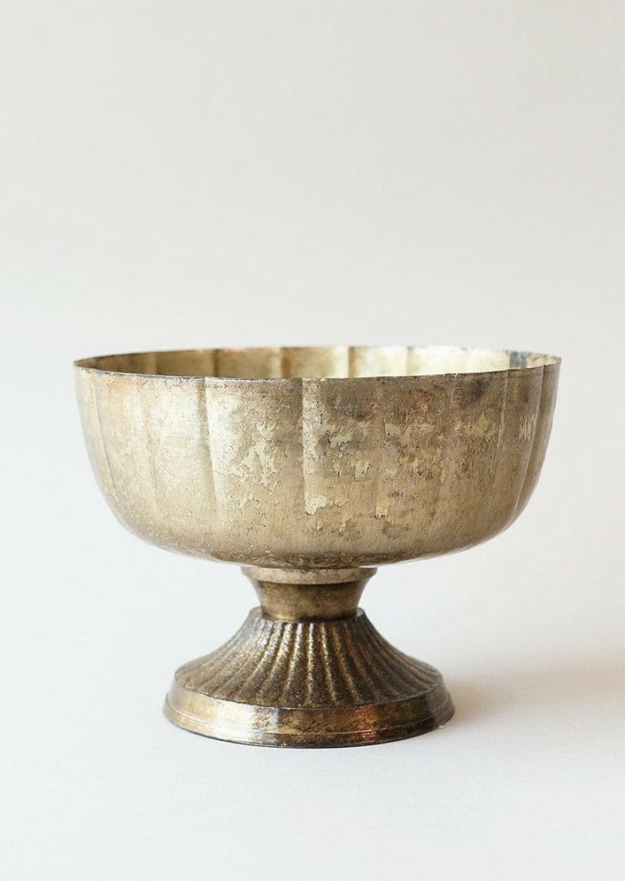 Blooming Florals Radial | Distressed Gold Metal Compote Bowl - 8" Wide