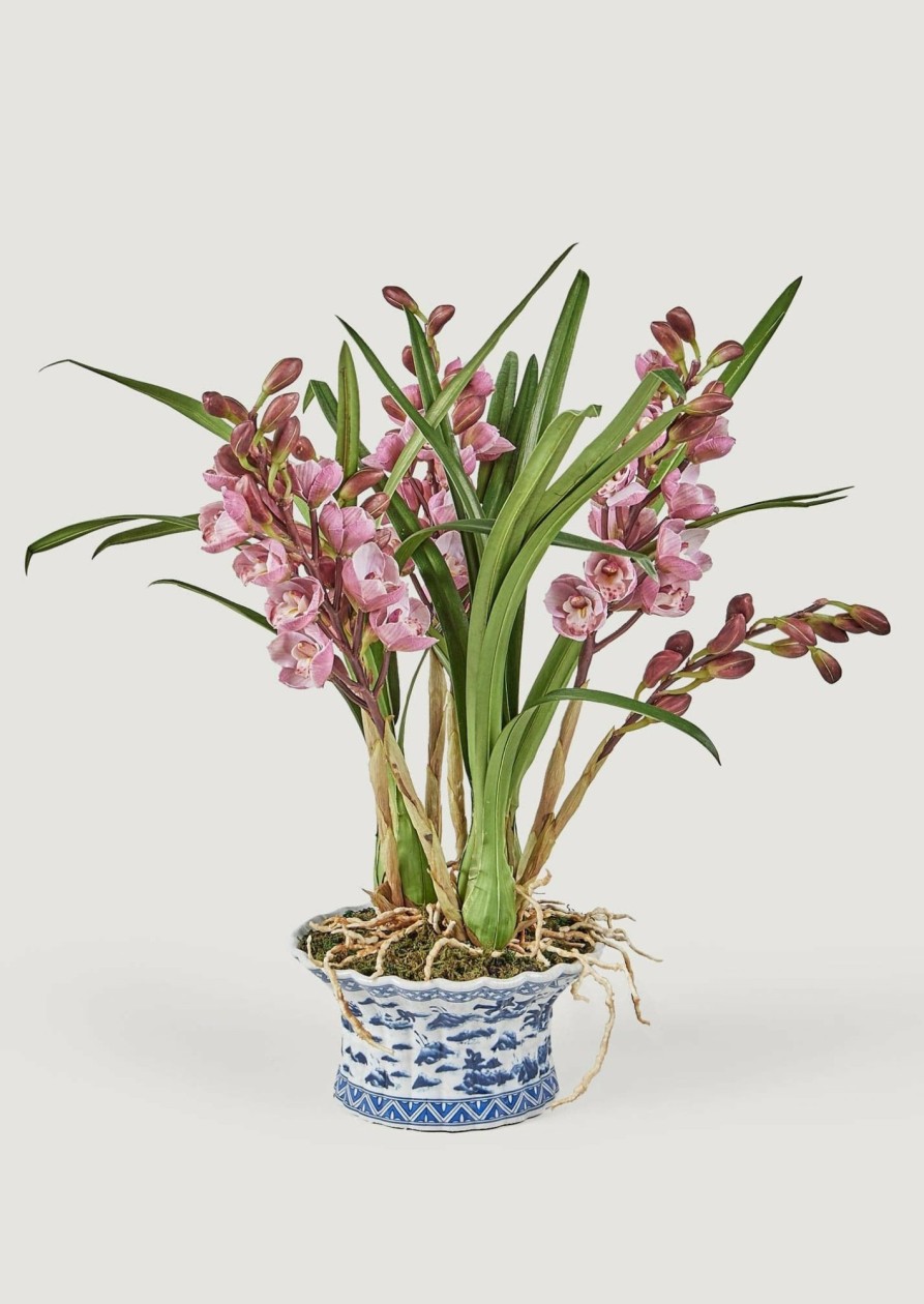 Blooming Florals Radial | Mauve Faux Orchid Arrangement In Blue Ceramic Pot - 27"