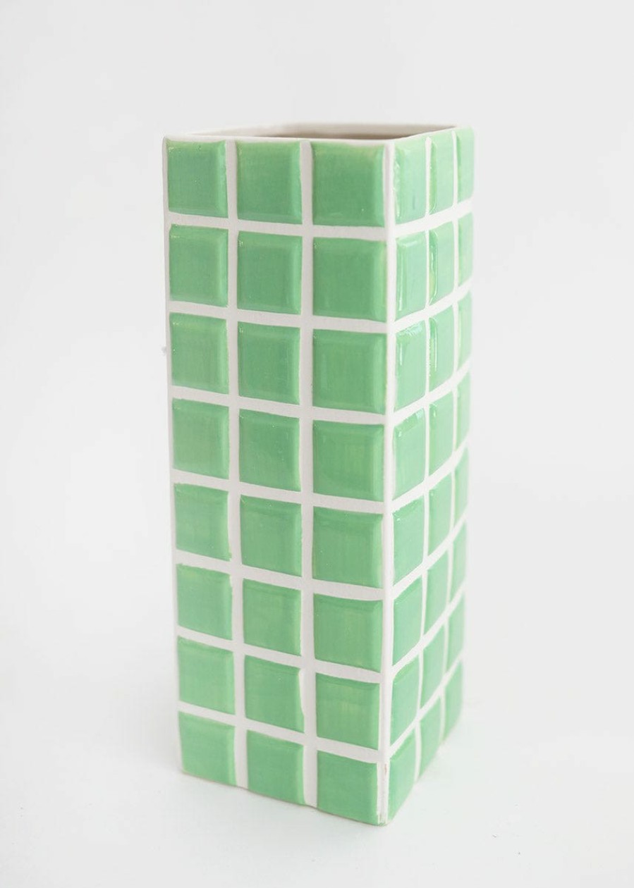 Blooming Florals Radial | Mint Green Dolomite Ceramic Tile Vase - 11"