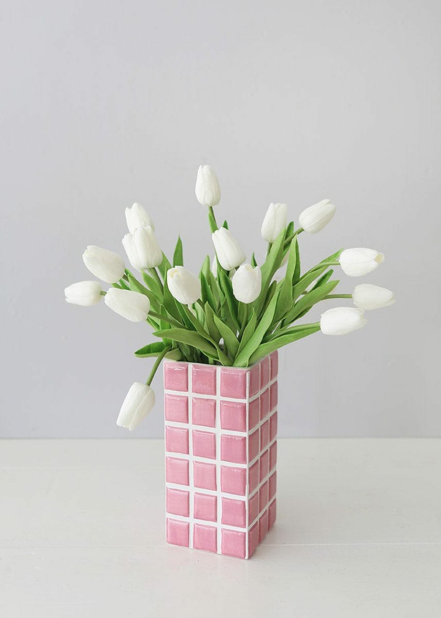 Blooming Florals Radial | Pink Dolomite Ceramic Tile Vase - 8"