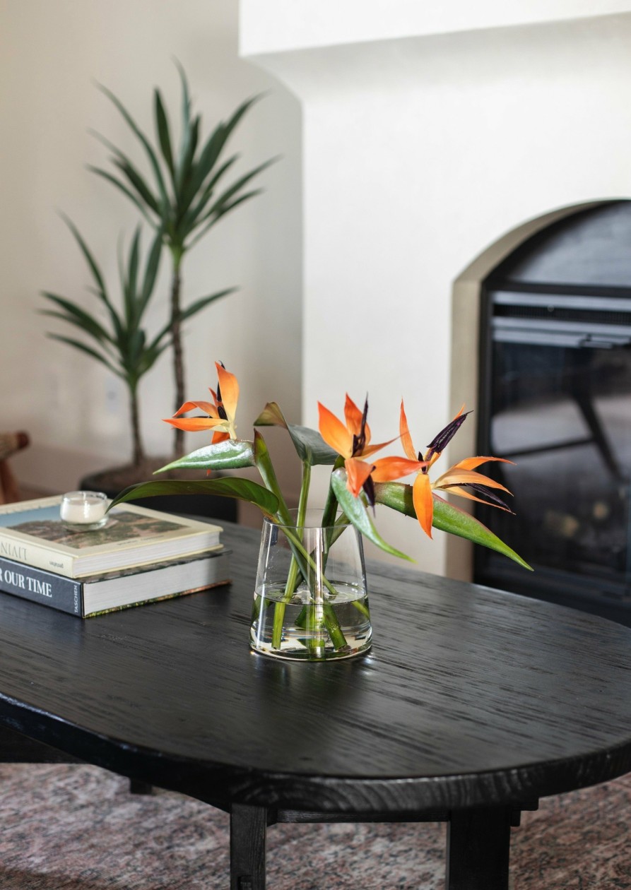 Blooming Florals Radial | Faux Tropical Bird Of Paradise Arrangement In Glass Vase - 11"