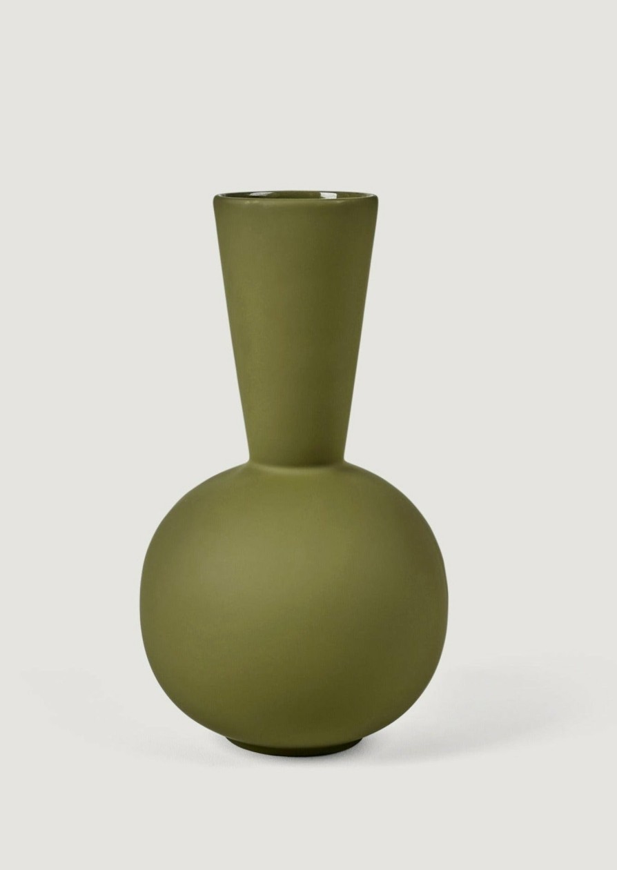 Blooming Florals Radial | Ceramic Trumpet Vase In Olive Green - 11.75"