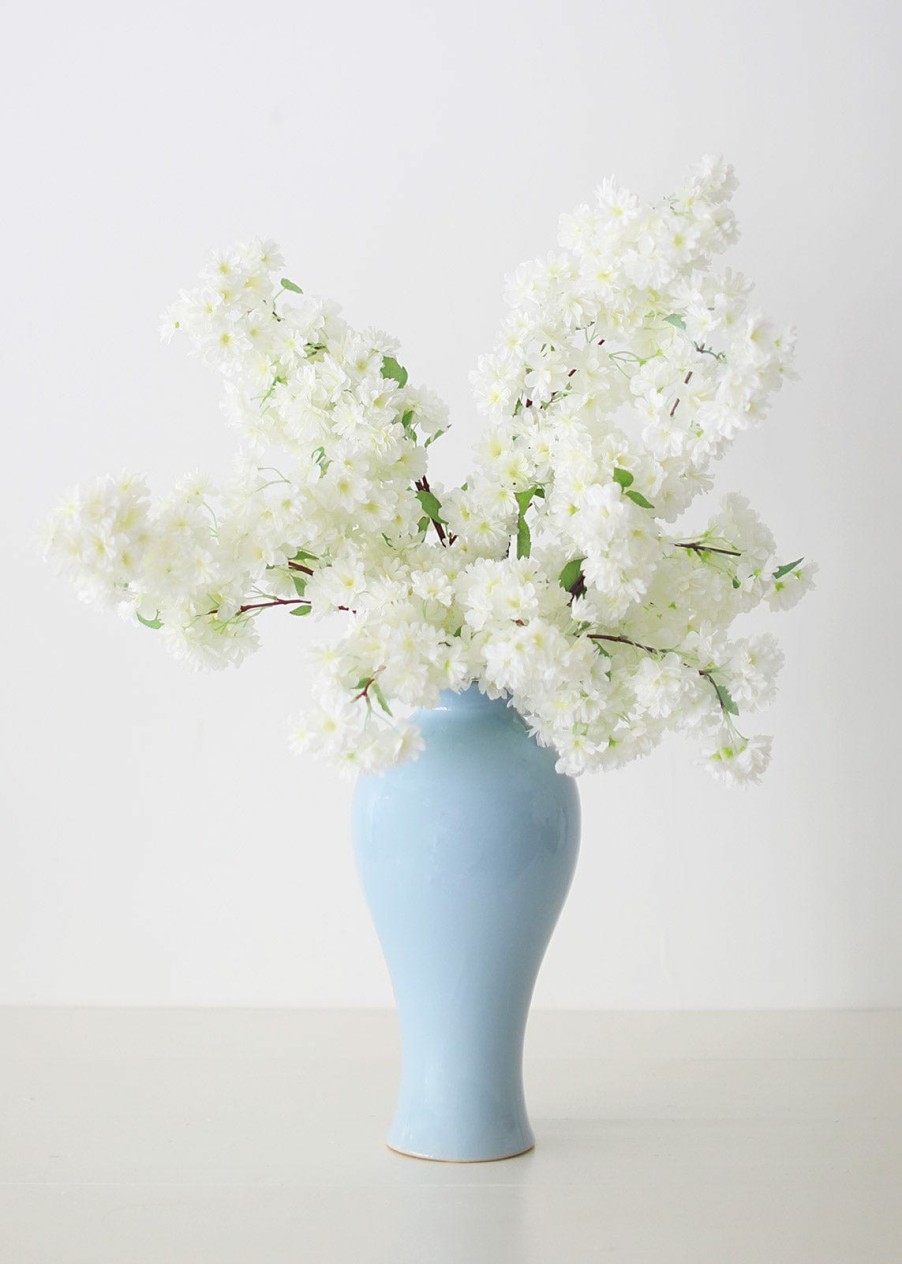 Blooming Florals Radial | Ceramic Blue Tall Glossy Vase - 16"