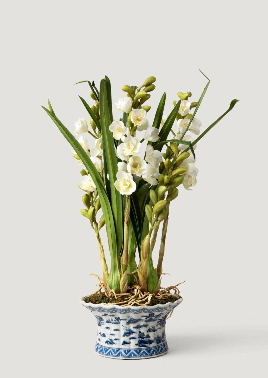 Blooming Florals Radial | White Faux Orchid Arrangement In Blue Ceramic Pot - 27"