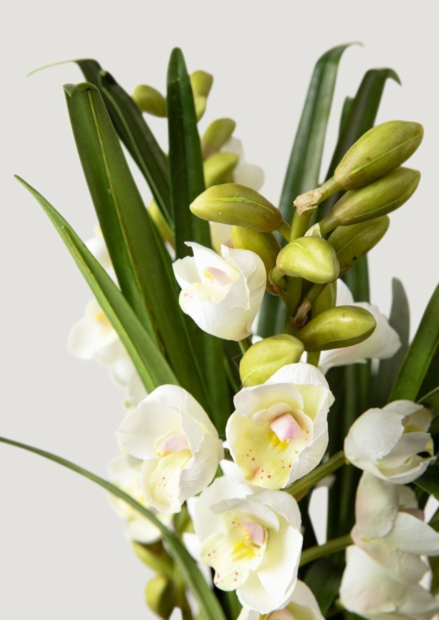 Blooming Florals Radial | White Faux Orchid Arrangement In Blue Ceramic Pot - 27"