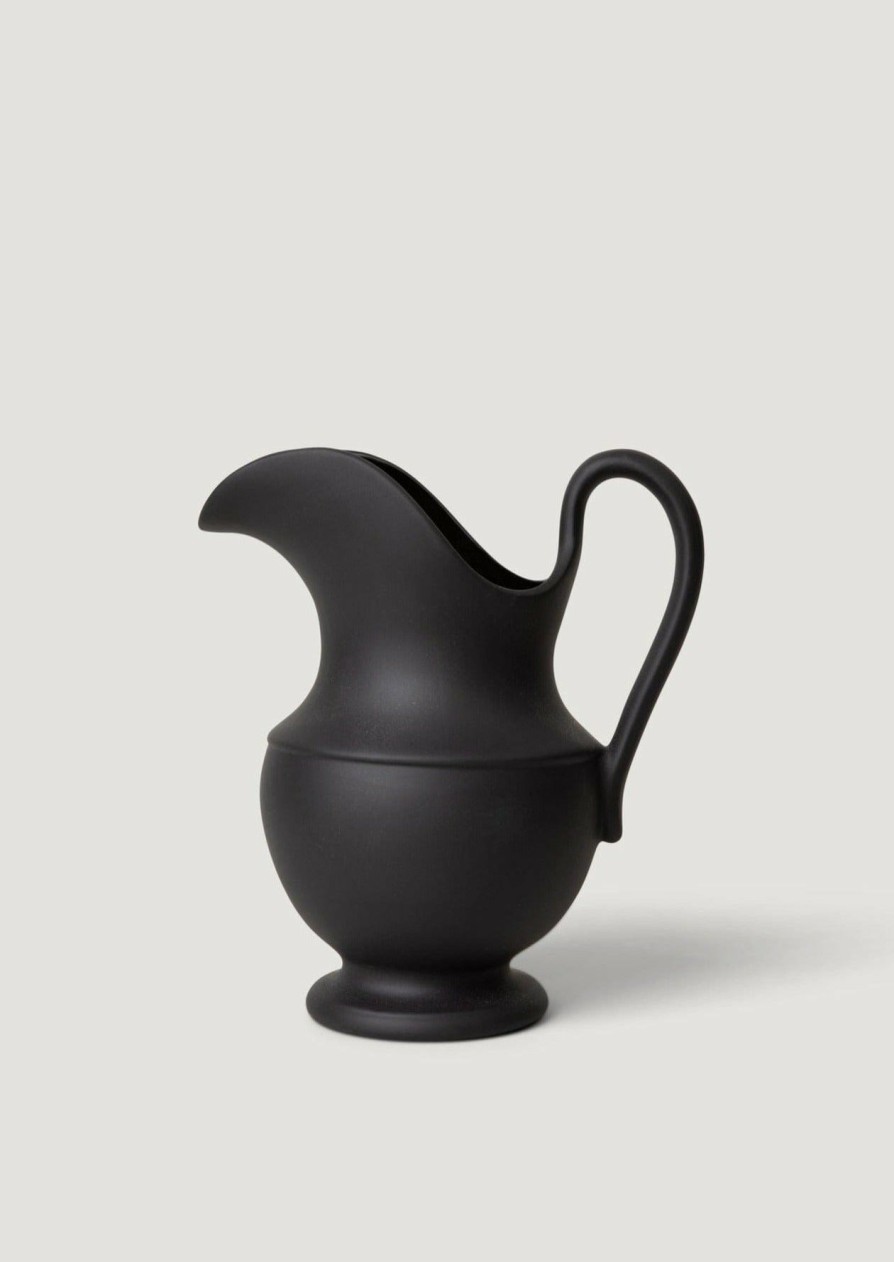 Blooming Florals Radial | Handmade Watertight Stoneware Pitcher Vase In Black - 9.75"