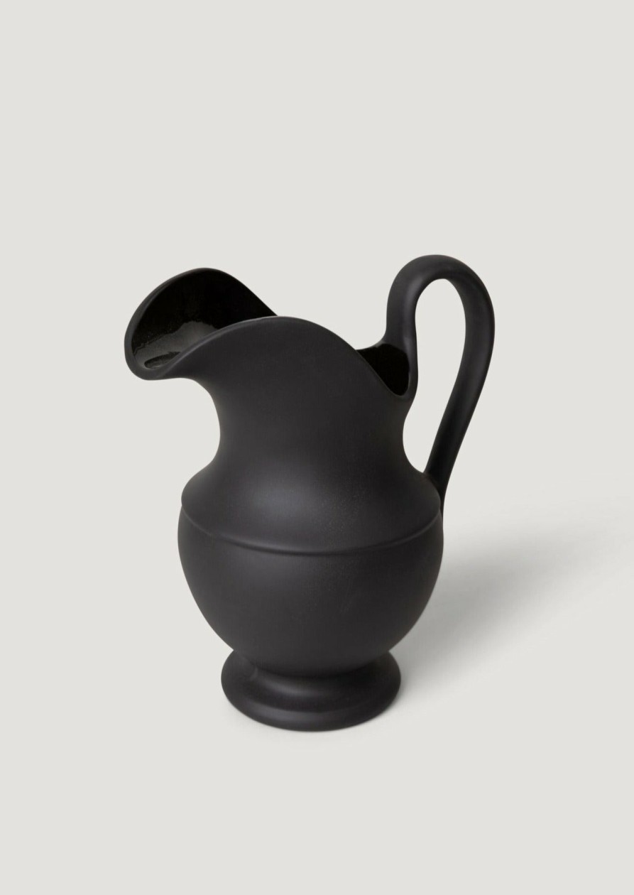 Blooming Florals Radial | Handmade Watertight Stoneware Pitcher Vase In Black - 9.75"